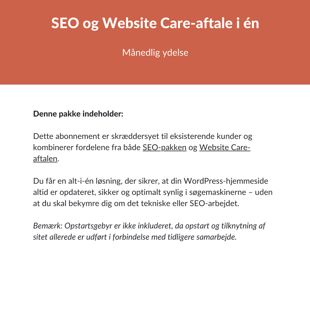 SEO og Website Care-aftale i én, månedlig ydelse, for WordPress hjemmesider