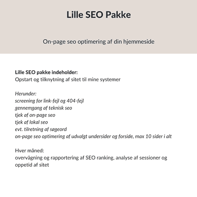 Katrine Brandborg, SEO, SEO-pakke, lille, lille seo pakke, seo optimering, seo-optimering, www.katrinebrandborg.dk